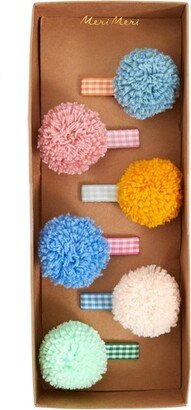 Gingham & Big Pompom Hair Clips (Pack of 6)