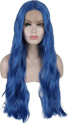 Unique Bargains Long Fluffy Curly Wavy Lace Front Wigs for Women with Wig Cap 24 Blue 1PC