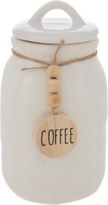 Coffee Canister, Beaded Ceramic Glossy White, Embellished With Twine & Wooden Beads Disc The Word Coffee Makes A Great Gift