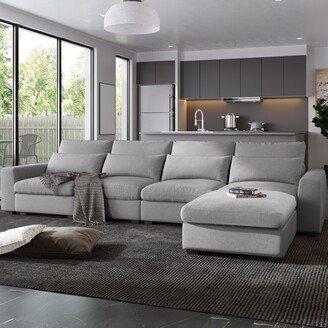 NINEDIN 129.9L-Shaped Convertible Deep Seat Feather Filled Modular Sectional Sofa w/Reversible Chaise/Movable Ottoman & 4 Waist Pillows