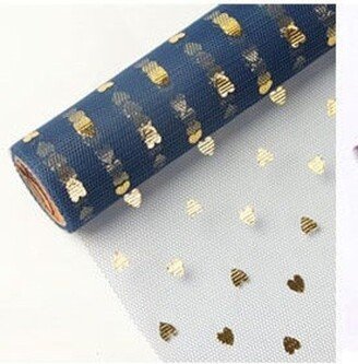 Blue Gold Heart Printed Flower Wrap Mesh, Gift Wrap, Bouquets