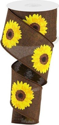 Bold Yellow Sunflowers Dark Brown Royal Wired Ribbon, 2.5