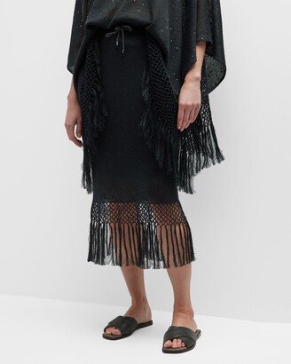 Fringe-Hem Linen Silk Paillette Knit Midi Skirt