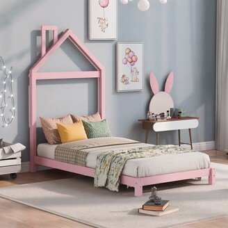 TONWIN Kids Bed Twin Size Wood Platform Bed with House shaped Headboard Pink