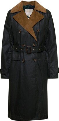 'Simone' Black Belted Trench Coat with Corduroy Revers in Waxed Cotton Woman