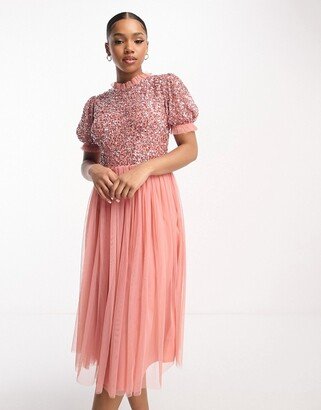 Bridesmaid delicate sequin puff sleeve midi dress in terracotta pink