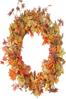 Northlight Fall Harvest Gold-Tone Berries and Autumn Leaves Artificial Twig Wreath - 22 Unlit