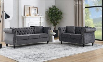 Sunmory 2-Piece Sofa Set Velvet Upholstered Sofa Set, Three-Seater Sofa & Double Seat with Buttoned Tufted Backrest and Nailhead Trim