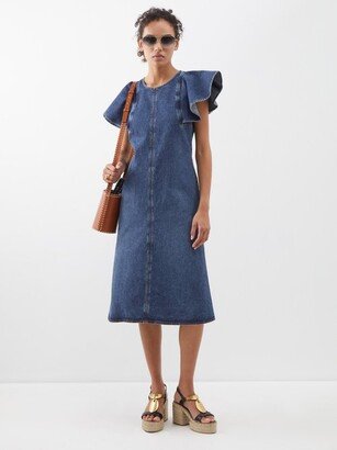 Ruffle-sleeve Denim Midi Dress