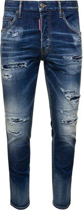 'Skater' Light Blue Five-Pocket Jeans with Rips and Bleach Effect in Stretch Cotton Denim Man