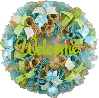Front Door Welcome Wreaths, Mothers Day Gift, Burlap Everyday Year Round Outdoor Decor, M5 | Welcome, Green/Turquoise/Ivory