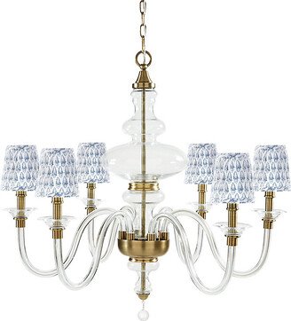 Mila 6-Light Blown Glass Chandelier with Isla Block Print Pleated Tall Chandelier Shade - Slate