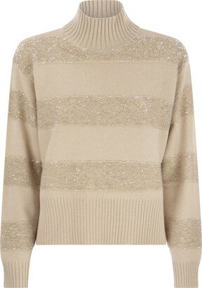 Virgin Wool, Cashmere And Silk Turtleneck Sweater With Dazzling Mohair Stripes