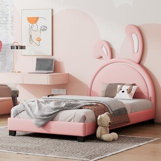 Aoolive Twin Size Upholstered PU Leather Platform Bed with Rabbit Headboard, Cute Kid's Bed Frame
