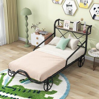 EDWINRAY Twin Size Metal Car Bed with 4 Wheels, Guardrails & X-Shaped Frame Shelf, Twin Metal Bed for Teens, No Box Spring Needed, Black