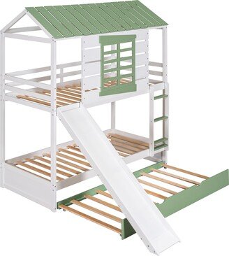 IGEMAN White+Green Twin over Twin Size Wood House Bed Bunk Bed with Convertible Slide and Trundle, 78.7''L*81.8''W*96''H, 211.5LBS
