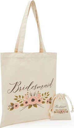 Juvale Bridal Party Bridesmaid Set - 1 Canvas Tote Gift Bag (12x14 in) & 1 Drawstring Pouch (4x6 in)