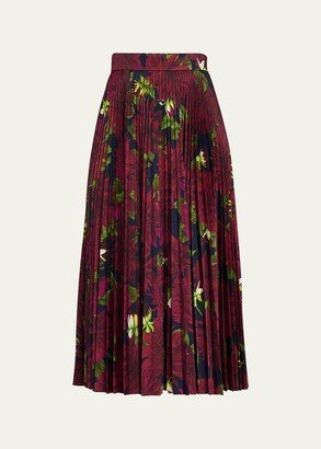 Dahlia-Print Pleated Jersey Midi Skirt