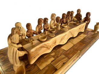 Unique Olive Wood Last Supper 19.7 Inches Tabletop Figurine Hand Carved Sculpture Art Piece Easter Gift From Jerusalem The Holy Land