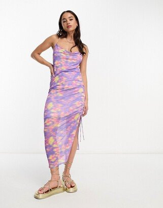 mesh cami gathered midi dress in blurred flower print