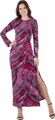 24seven Comfort Apparel 24seven Cofort Apparel Woens Magenta Print Long Sleeve Side Slit Maxi Dress-Pink Multi-M