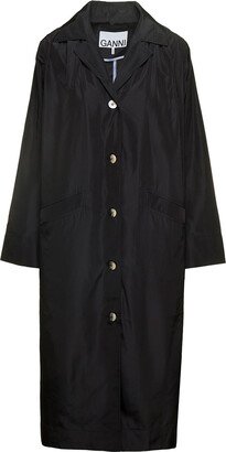 'summer' Long Black Single-breasted Trench Coat With Buttons And Patch Pockets In Recycled Tech Fabric Woman