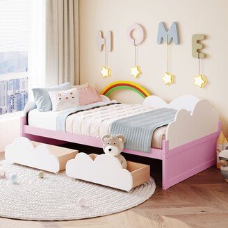 BESTCOSTY Twin Size Platform Bed with 2 Drawers and Clouds and Rainbow Decor