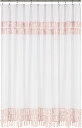 Boho Bohemian Bathroom Fabric Bath Shower Curtain - Blush Pink and White Farmhouse Shabby Chic Designer Modern Minimalist Fringe