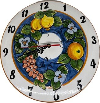 Italian Ceramic Wall Mount Clock Decorated Lemon Grapes Made in Italy Pottery