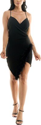 Juniors' Surplice-Neck Sleeveless Feather-Trim Dress