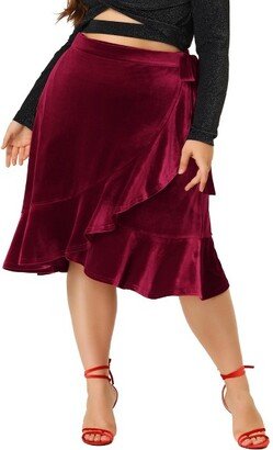 Agnes Orinda Agne Orinda Women' Plu Size Party Fahion Ruffled Hem Velvet Wrap Skirt Burgundy 2X