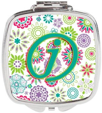 CJ2011-JSCM Letter J Flowers Pink Teal Green Initial Compact Mirror