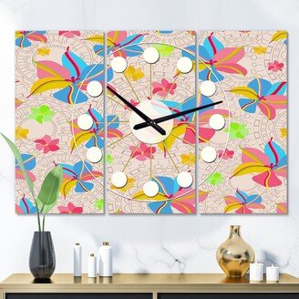 Designart 'Retro Pink Yellow Flowers' Oversized Mid-Century wall clock - 3 Panels - 36 in. wide x 28 in. high - 3 Panels