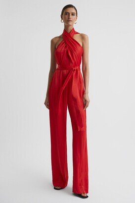 Satin Halter Neck Fitted Jumpsuit