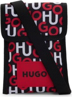 Stacked-logo phone holder with webbing strap