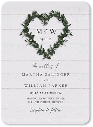 Wedding Invitations: Heart Wreath Wedding Invitation, White, 5X7, Matte, Signature Smooth Cardstock, Rounded