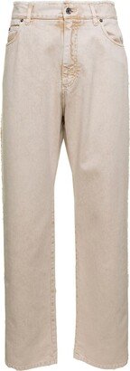 Cream Whie Wide-Leg Jeans with Logo Plaque in Cotton Denim Man-AA