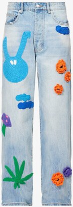 Mens Light Wash Crochet-embellished Wide-leg Regular-fit Jeans