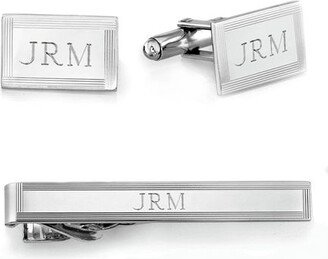 Men's Striped Border Tie Bar and Cuff Links Set in Brass with White Rhodium (3 Initials)