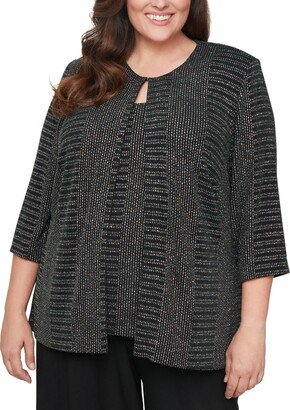 Plus Size Metallic-Knit Tank and Jacket Set - Black/Emerald