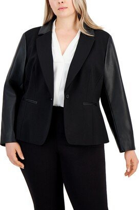 Plus Size Mixed-Media Faux-Leather Single-Button Ponte Blazer, Created for Macy's