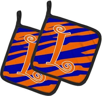 Letter L Initial Tiger Stripe Blue and Orange Pair of Pot Holders