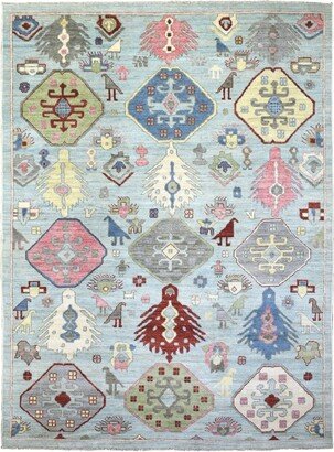 Shahbanu Rugs Light Blue Anatolian Design Large Elements and Bird Figurines Natural Dyes Soft Wool Hand Knotted Rug