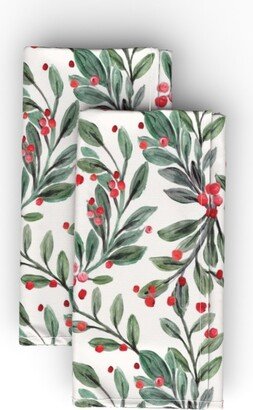 Cloth Napkins: Mistletoe And Red Berries - Green And Red Cloth Napkin, Longleaf Sateen Grand, Green