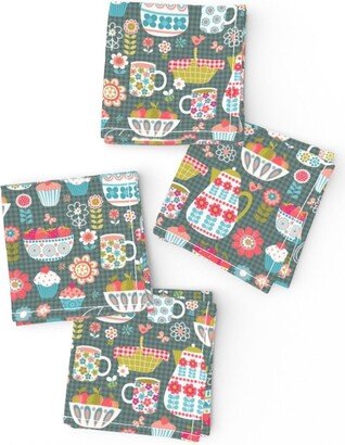 Picnic Goods Cocktail Napkins | Set Of 4 - Time By Cressida Carr Pink Green Blue Flowers Butterflies Cloth Spoonflower