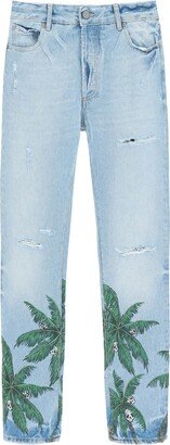 Palm Tree Print Regular Fit Jeans In Distressed Denim-AB