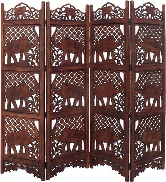 TONWIN Brown Hand Carved Elephant Design Foldable 4 Panel Wooden Room Divider