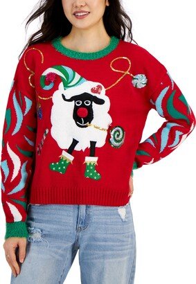 Juniors' Embellished Sheep Ugly Christmas Sweater