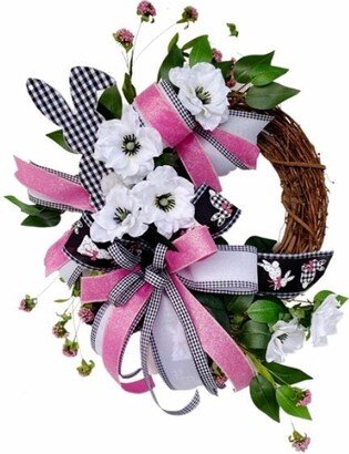 Gingham Easter Wreath For Front Door, Floral Grapevine Bunny Wreath, Checked Pink & White