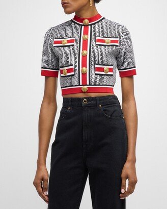 Button-Front Monogram Knit Short-Sleeve Crop Top